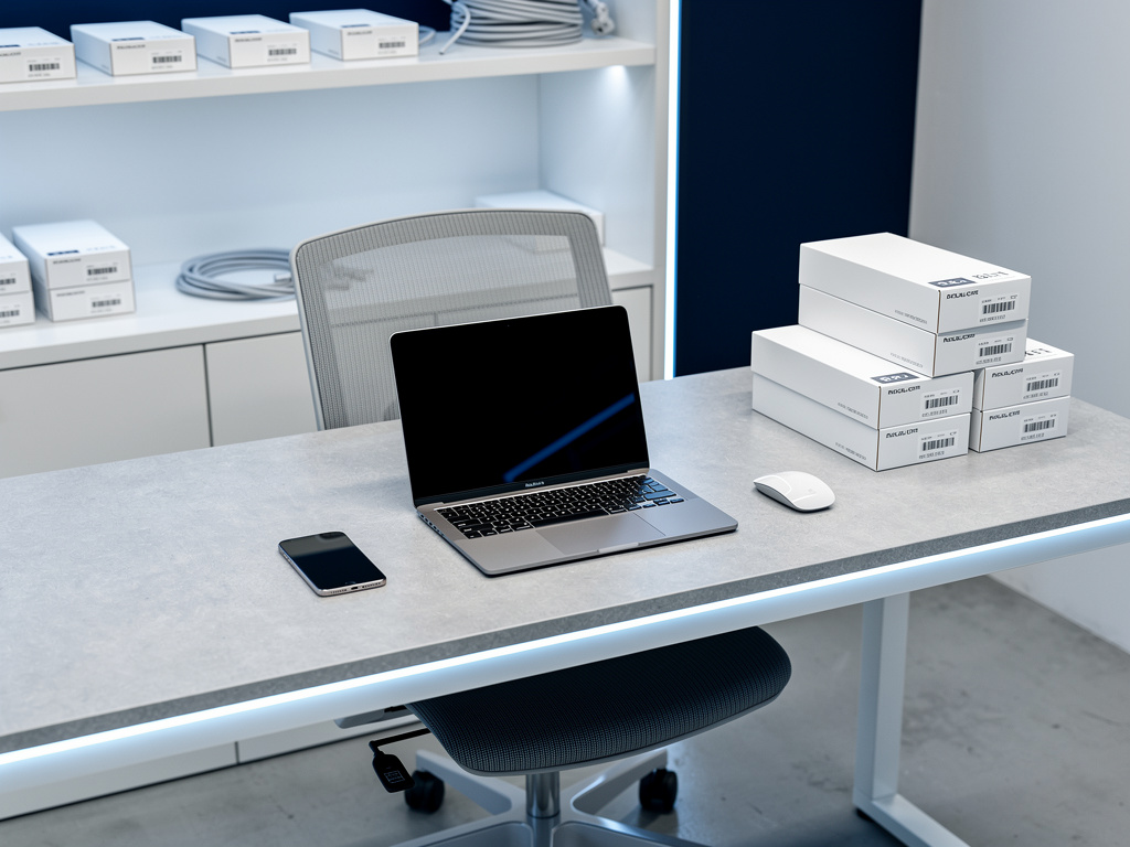 A tidy support desk with a laptop, a phone and a few packed boxes beside it, an empty chair, cool LED light.