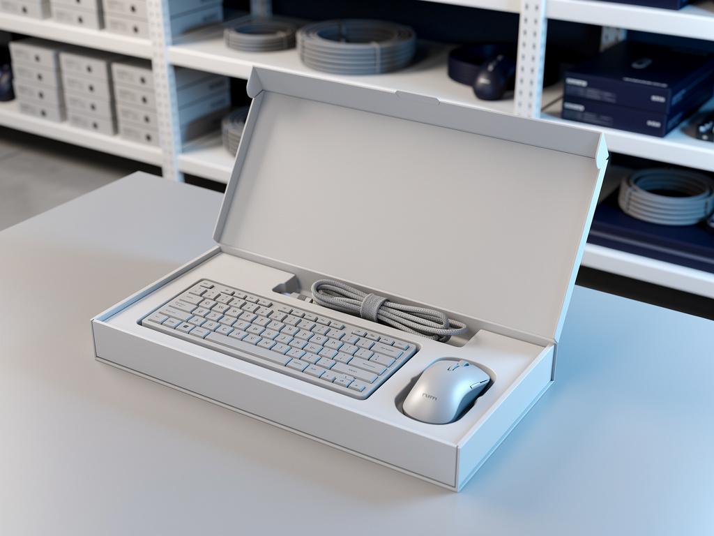 Close-up of a boxed kit opened to show a keyboard, mouse and cable fitted neatly inside.