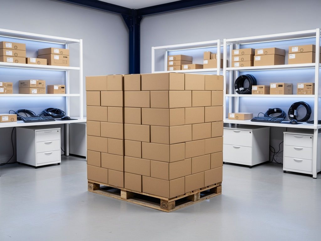 Stacked identical cardboard cartons on a pallet in the bright warehouse, ready for a wholesale shipment.