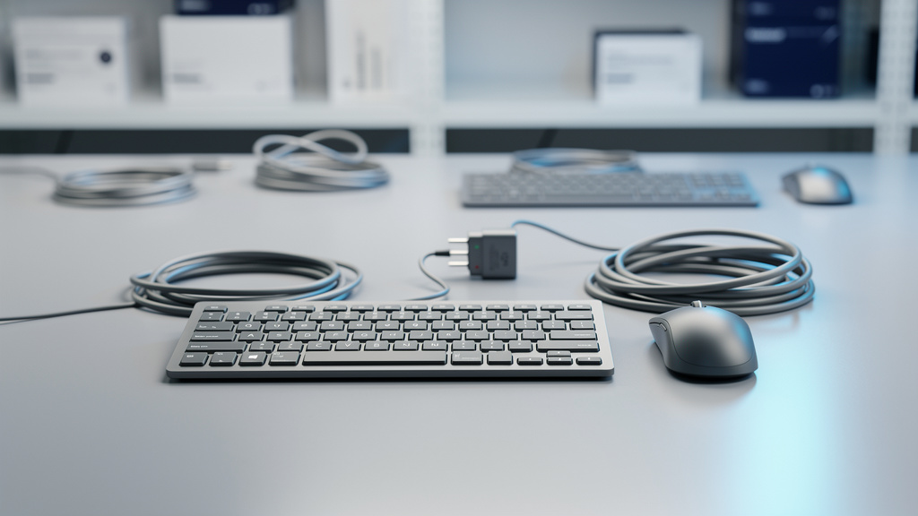 A neatly arranged keyboard and mouse combo with coiled cables and a compact charger on a light gray surface under cool s