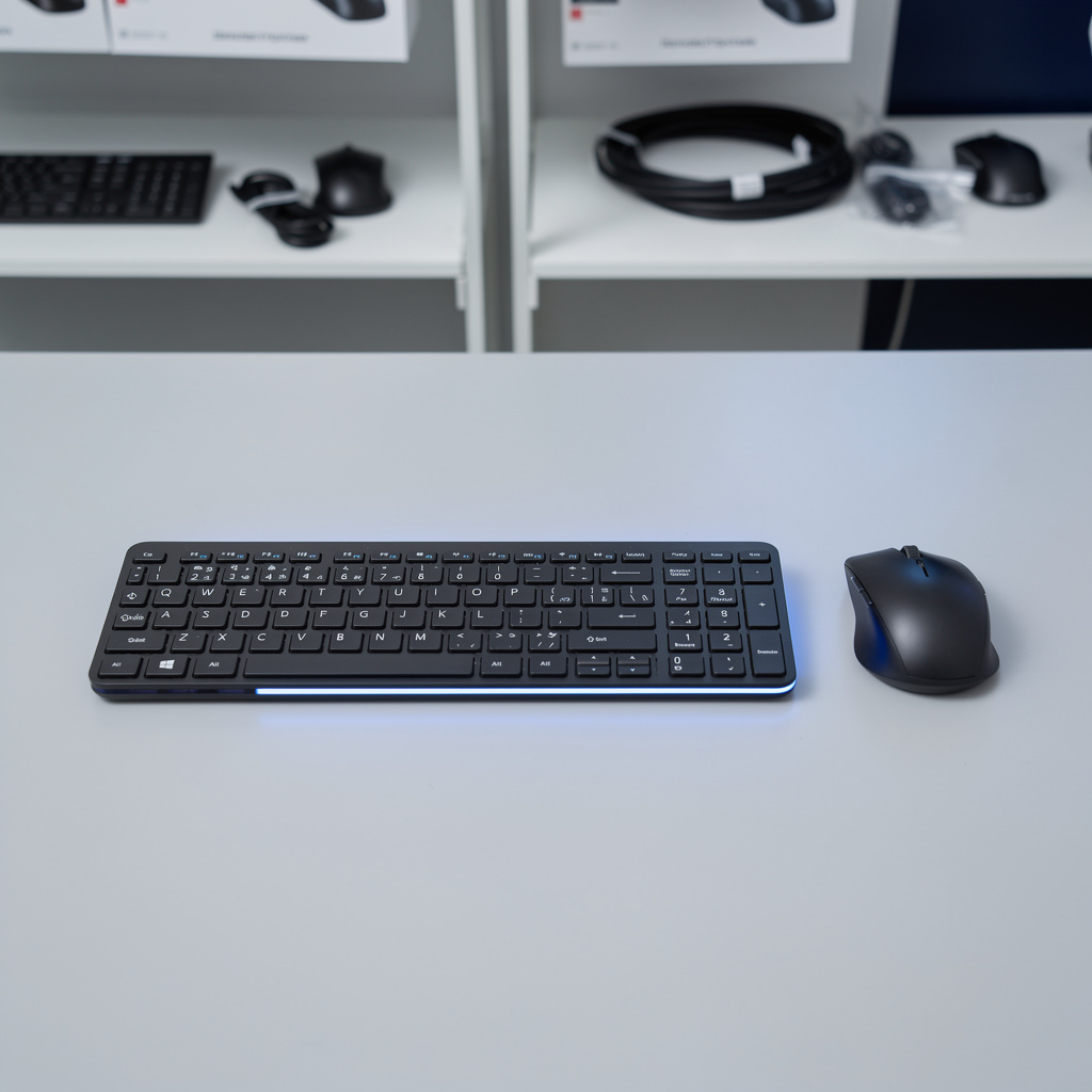 An unbranded black wireless keyboard and mouse set placed side by side on a seamless light gray background.