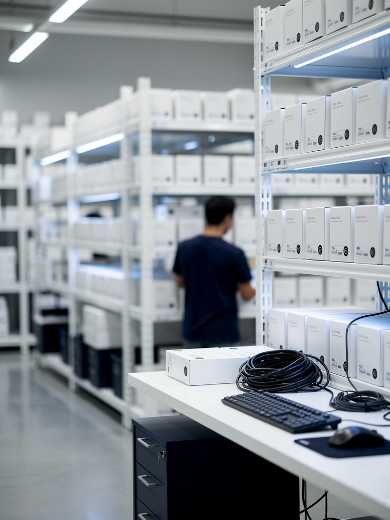 Rows of white warehouse shelves stocked with unbranded boxed kits, a person in a navy shirt seen from behind organizing